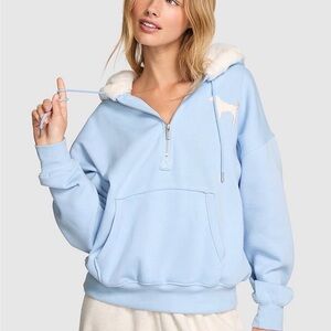 VS PINK faux fur lined hood pull over quarter zip hoodie in icy blue NWT XL
